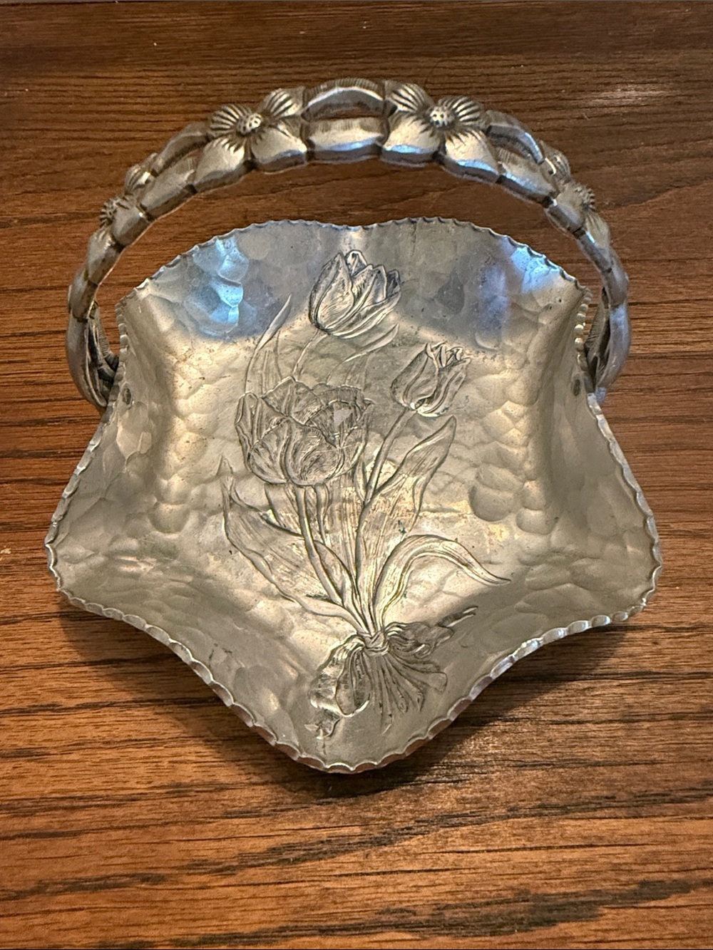 Decorative Handled Metal Dish - Silver Floral Design